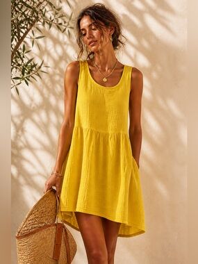 bryn WALKER Yellow Double Gauze Cotton Babydoll Dress | Boho Swing Tunic Hi-Low